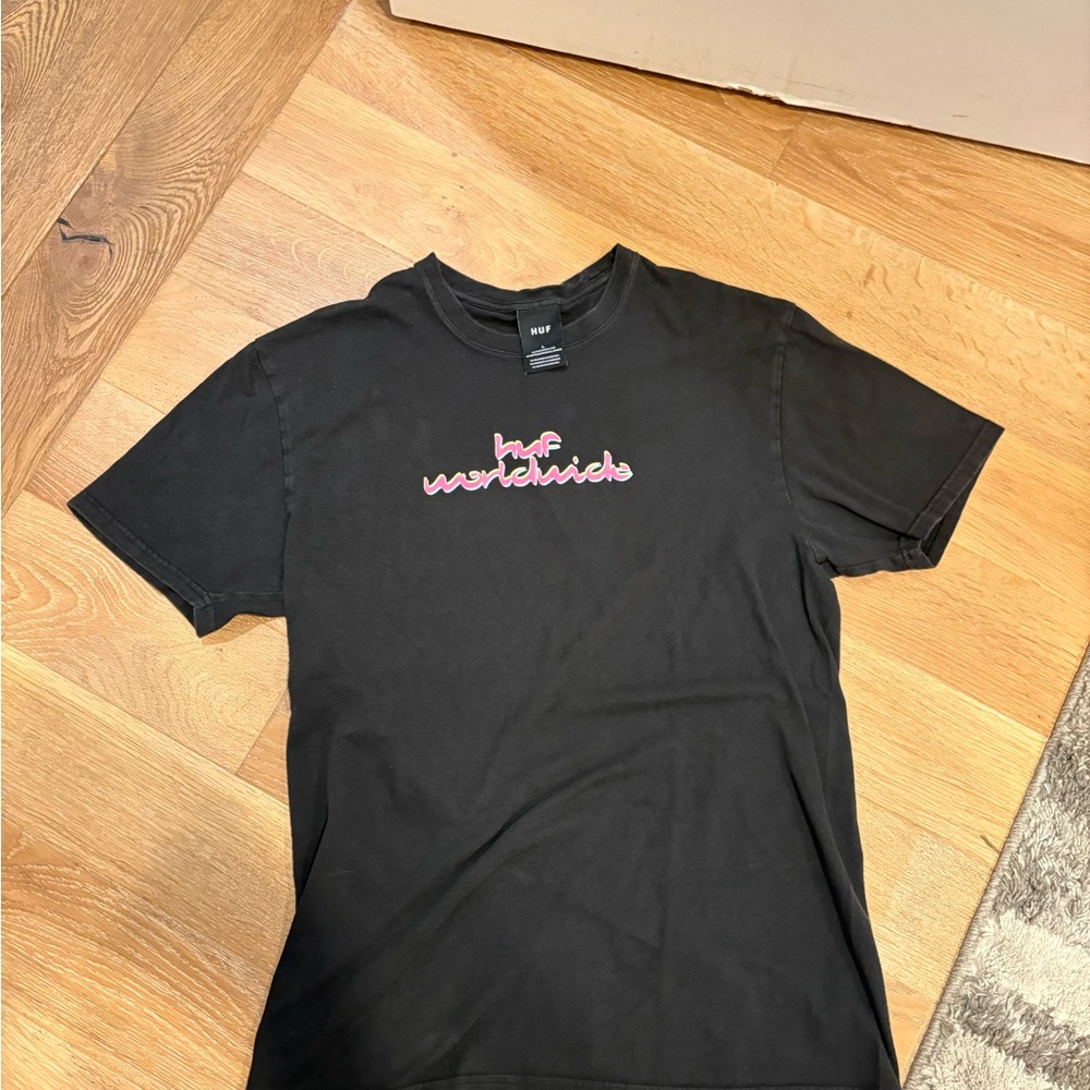 HUF Black Short Sleeve Tee with Pink Blur Logo